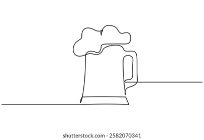 Continuous one line drawing of beer glass with foam. One line drawing illustration of alcoholic drink, Continuous one line drawing of beer in a glass, outline style vector illustration.