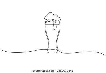 Continuous one line drawing of beer glass with foam. One line drawing illustration of alcoholic drink, Continuous one line drawing of beer in a glass, outline style vector illustration.