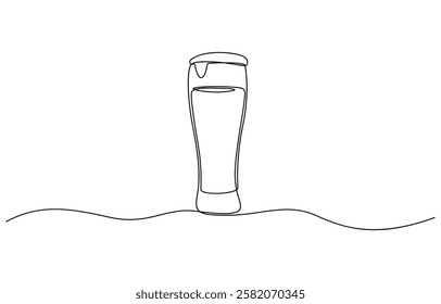 Continuous one line drawing of beer glass with foam. One line drawing illustration of alcoholic drink, Continuous one line drawing of beer in a glass, outline style vector illustration.