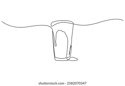 Continuous one line drawing of beer glass with foam. One line drawing illustration of alcoholic drink, Continuous one line drawing of beer in a glass, outline style vector illustration.