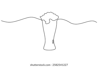 Continuous one line drawing of beer glass with foam craft barley alcohol drink in simple linear style, Continuous one line drawing of beer in a glass, outline style vector illustration.