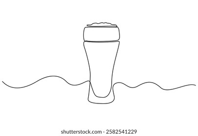 Continuous one line drawing of beer glass with foam craft barley alcohol drink in simple linear style, Continuous one line drawing of beer in a glass, outline style vector illustration.