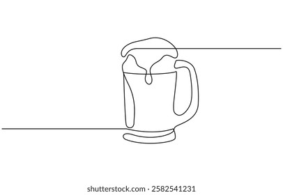 Continuous one line drawing of beer glass with foam craft barley alcohol drink in simple linear style, Continuous one line drawing of beer in a glass, outline style vector illustration.