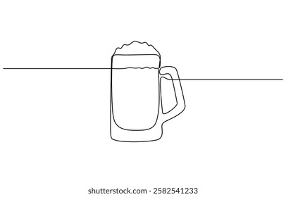 Continuous one line drawing of beer glass with foam craft barley alcohol drink in simple linear style, Continuous one line drawing of beer in a glass, outline style vector illustration.