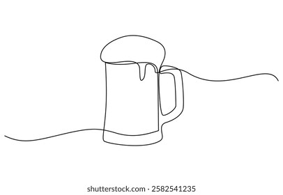 Continuous one line drawing of beer glass with foam craft barley alcohol drink in simple linear style, Continuous one line drawing of beer in a glass, outline style vector illustration.