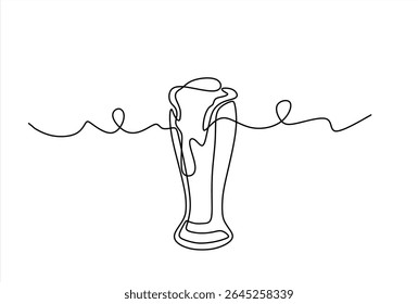 Continuous one line drawing of beer glass with foam. Hand drawn one line vector. Editable stroke	