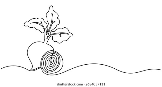 Desenho contínuo de uma linha de beterraba vegetal. Ilustração de vetor de arte de uma única linha de beterraba. Beterraba de jardim preto esboço linear isolado no fundo branco. Vetor editável.