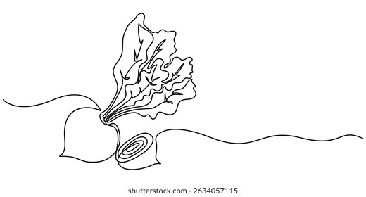 Desenho contínuo de uma linha de beterraba vegetal. Ilustração de vetor de arte de uma única linha de beterraba. Beterraba de jardim preto esboço linear isolado no fundo branco. Vetor editável.