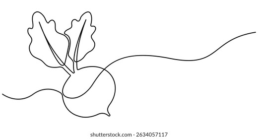Desenho contínuo de uma linha de beterraba vegetal. Ilustração de vetor de arte de uma única linha de beterraba. Beterraba de jardim preto esboço linear isolado no fundo branco. Vetor editável.