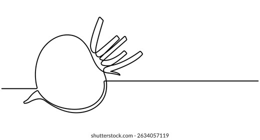 Continuous one line drawing of beetroot vegetable. Beetroot single line art vector illustration. Garden beet black linear sketch isolated on white background. Editable vector.