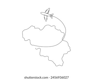 Continuous one line drawing of Belgium map with airplane. Belgium map combined with airplane simple outline vector illustration. Editable stroke.