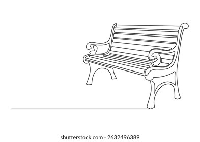 Continuous one line drawing of Bench In Park. Single line drawing illustration of Bench Park. Elegant street element and urban road concept vector art. Doodle line illustration.
