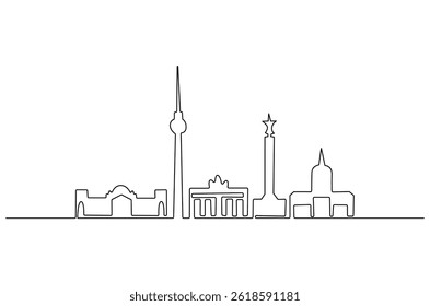Dibujo continuo de una línea del horizonte de la ciudad de Berlín. Ilustración de dibujo de una sola línea del paisaje urbano de Alemania. Hermosos edificios y Arte vectorial de concepto arquitectónico. Ilustración de línea Doodle.
