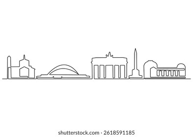 Durchgehende einzeilige Zeichnung der Berliner Stadtskyline. Einzeilige Zeichnung der deutschen Stadtlandschaft. Schöne Gebäude und Architektur Konzept Vektorkunst. Doodle Linie Illustration.