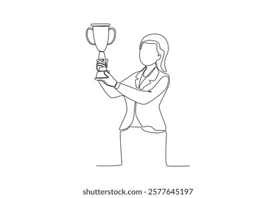 Continuous one line drawing the best female employee is lifting the trophy. Single line draw design vector illustration
