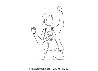 Continuous one line drawing the best female employee is with her medal. Single line draw design vector illustration
