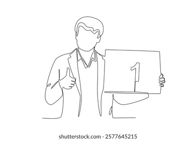 Continuous one line drawing best male employee holding certificate and giving thumbs up sign. Single line draw design vector illustration
