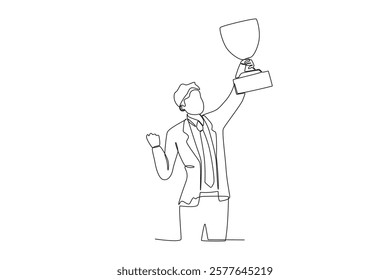 Continuous one line drawing the best male employee is lifting the trophy with one hand. Single line draw design vector illustration
