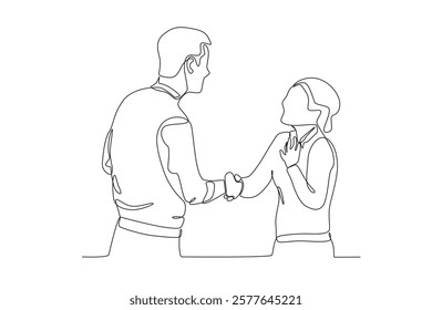 Continuous one line drawing the best female employee who is very happy to shake hands with superiors. Single line draw design vector illustration
