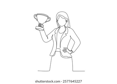 Continuous one line drawing, best female employee posing holding trophy. Single line draw design vector illustration
