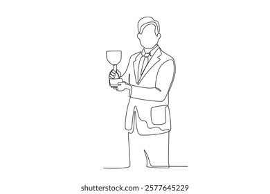 Continuous one line drawing the best male employee is holding a trophy. Single line draw design vector illustration
