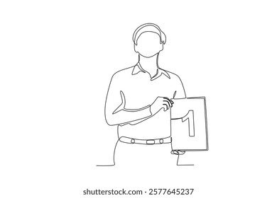 Continuous one line drawing best male employee showing off her certificate. Single line draw design vector illustration
