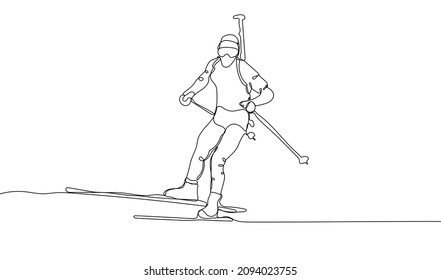 Dibujo continuo de una línea de atleta de biatlón. Competencia de esquí y tiro. Deporte en temporada de invierno.  Ilustración del vector