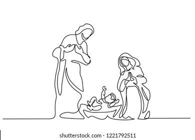 Continuous one line drawing. Bible Merry christmas scene of holy family. Vector illustration