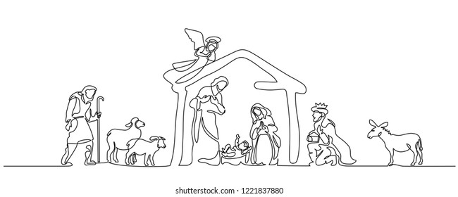Continuous one line drawing  Bible Merry christmas scene holy family  Vector illustration