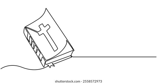 Continuous one line drawing of the Bible. Single line drawing of the holy book. Vector illustration, Continuous one line drawing silhouette of Bible and candle. Bible linear icon. One line drawing.