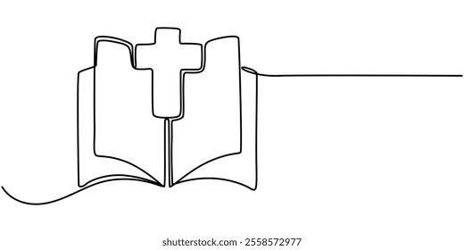 Continuous one line drawing of the Bible. Single line drawing of the holy book. Vector illustration, Continuous one line drawing silhouette of Bible and candle. Bible linear icon. One line drawing.