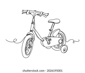 Continuous one line drawing of bicycle for children in silhouette on a white background. Linear stylized.Minimalist.