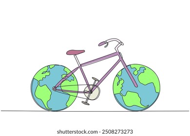 Continuous one line drawing a bicycle with two globes replacing the tires. The concept of a vehicle that is friendly to the earth. Free from pollution. Single line draw design vector illustration
