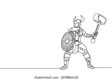 Continuous one line drawing big strong muscular orange warrior viking with hammer and shield furiously attack. Viking in horned helmet holding hammer and shield. Single line draw design vector graphic