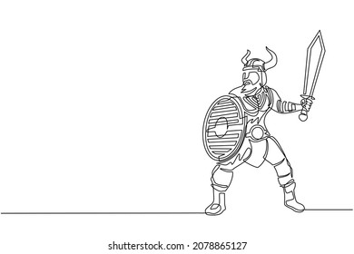 Continuous one line drawing big strong muscular orange warrior viking and sword   shield furiously attacks  Viking in horned helmet holding sword   shield  Single line draw design vector graphic