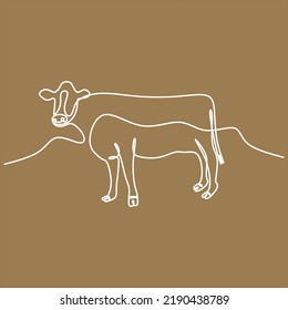 Continuous One Line Drawing Big Cow. Vector Illustration Farm Animals Nature Theme.