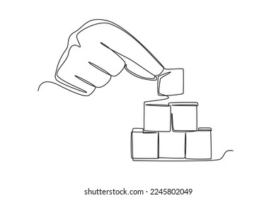 Continuous one line drawing big hand puts a box on the stack of boxes. Supply chain management concept. Single line draw design vector graphic illustration.