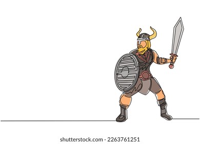 Continuous one line drawing big strong muscular orange warrior viking and sword   shield furiously attacks  Viking in horned helmet holding sword   shield  Single line draw design vector graphic