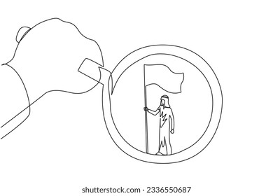 Continuous one line drawing big hand holding the magnifier by highlighting Arabian businessman who is standing holding the flag. A symbol of the glory of a businessman. Single line draw design vector