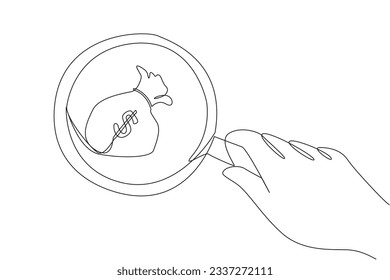 Continuous one line drawing of big hand holding magnifying glass highlights money bag. Focus on business goals to be achieved. A number of money bags will come. Single line design vector illustration