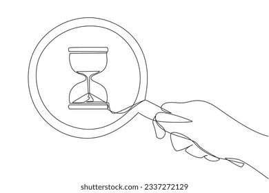 Continuous one line drawing big hand holding magnifying glass highlights the hourglass. Counting down to a new business. Counting days to launch. New goals. Single line draw design vector illustration