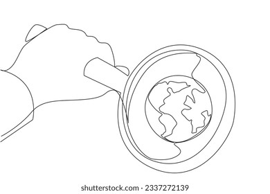 Continuous one line drawing of big hand holding magnifying glass highlights the globe. Map a path to grow the business. Look carefully not to be fooled. Single line draw design vector illustration