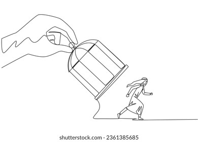 Continuous one line drawing big hand holding iron cage, catch Arab businessman. Want to trap in any way. Enter the trap. Unfair business competition. Lost. Single line draw design vector illustration
