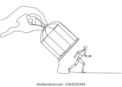 Continuous one line drawing big hand holding iron cage, catch robot. Want to trap in any way. Enter the trap. Unfair business competition. Lost. AI tech. Single line draw design vector illustration