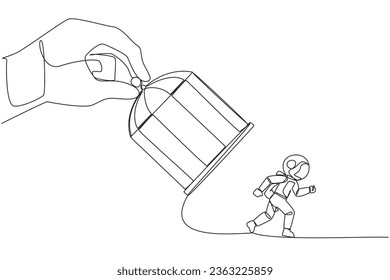 Continuous one line drawing big hand holding the iron cage, catch astronaut. Want to trap in any way. Enter the trap. Unfair business competition. Lost. Single line draw design vector illustration