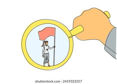 Continuous one line drawing of big hand holding the magnifier by highlighting the businesswoman who is standing holding the flag. Symbol of the glory of businesswoman. Single line draw design vector