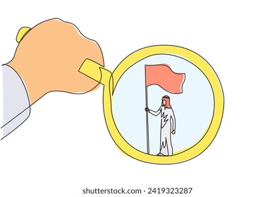 Continuous one line drawing big hand holding the magnifier by highlighting Arabian businessman who is standing holding the flag. A symbol of the glory of a businessman. Single line draw design vector