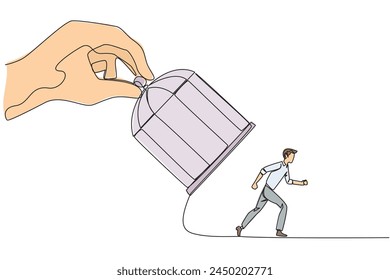 Continuous one line drawing big hand holding the iron cage, catch businessman. Want to trap in any way. Enter the trap. Unfair business competition. Lost. Single line draw design vector illustration