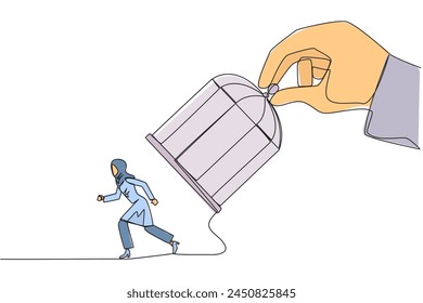 Continuous one line drawing big hand holds iron cage, catch Arab businesswoman. Want to trap in any way. Enter the trap. Unfair business competition. Lost. Single line draw design vector illustration