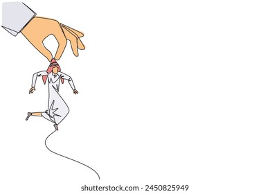 Continuous one line drawing big hand holding Arabian businessman. Workplace moving metaphor. Position transfer. Level up. Have bigger responsibilities. Single line draw design vector illustration